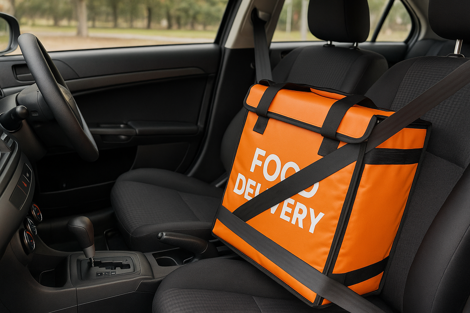 internal of a delivery drivers car, with the delivery bag strapped in with a seatbelt for safety